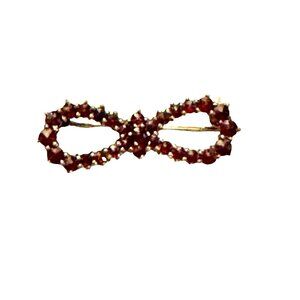 Antique Victorian Bohemian Garnet Rose Cut Garnets Bow Brooch Pin Gold Gilt